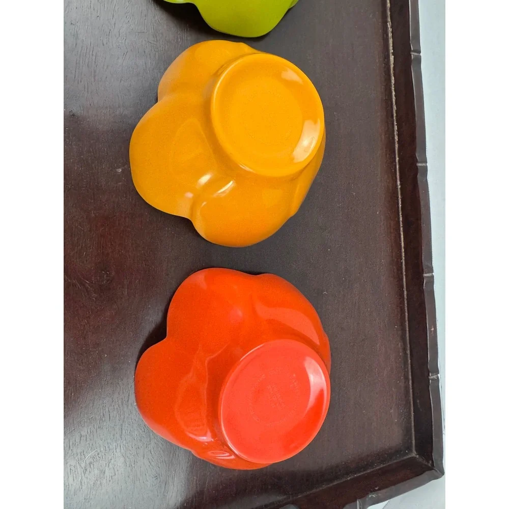 Set of 3 Flower Shaped Melamine Bowls Green Orange Yellow Petal Dip Snack Bowls